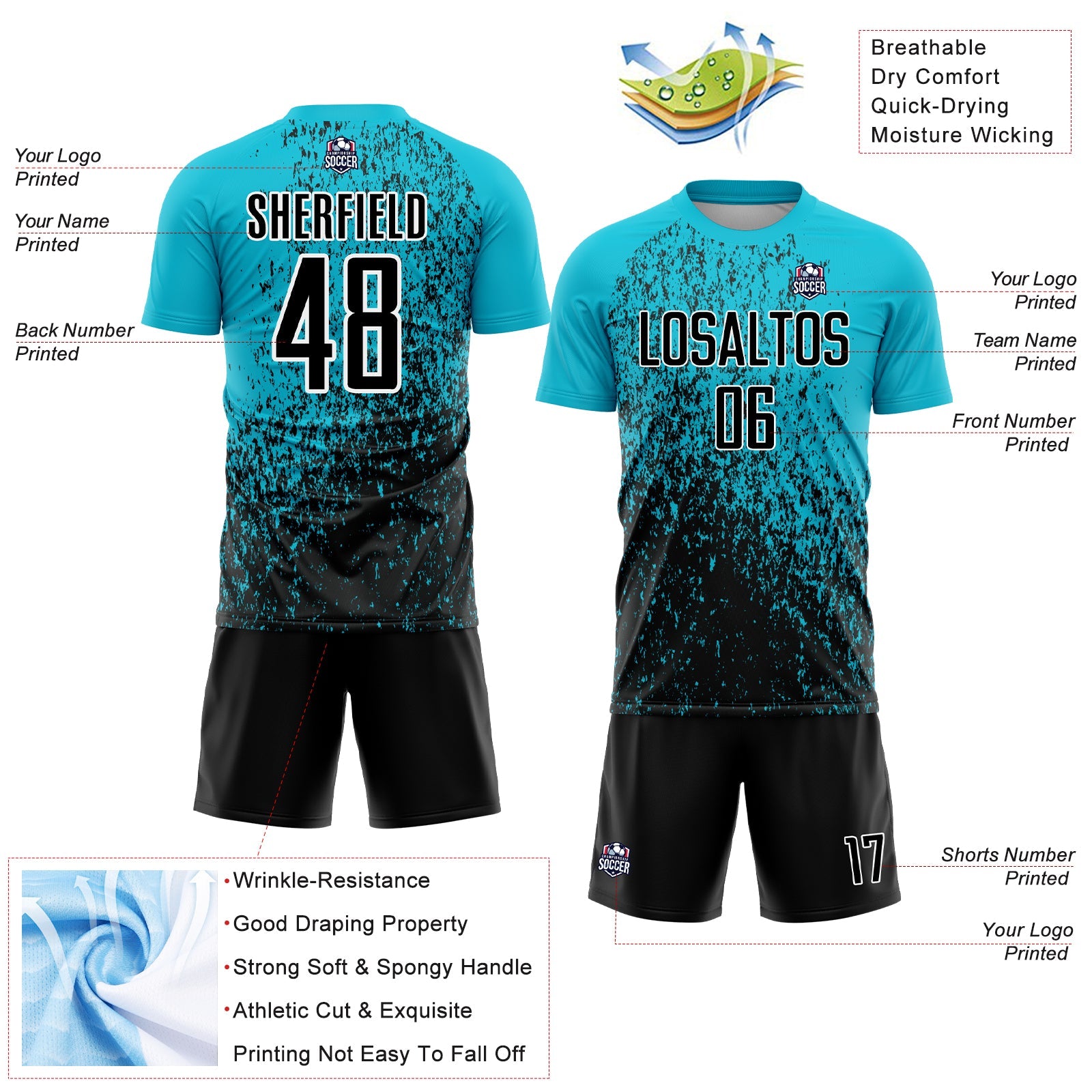 Custom Lakes Blue Black-White Abstract Fragment Art Sublimation Soccer Uniform Jersey - Sky-Custom