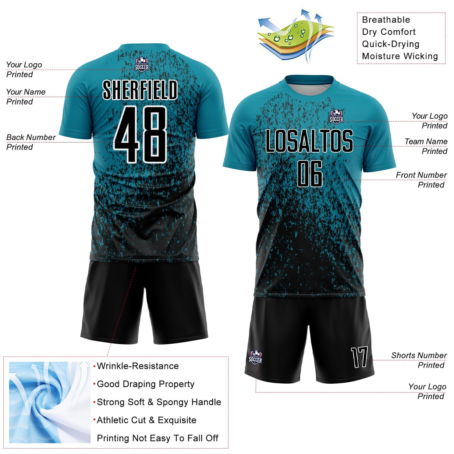Custom Teal Black-White Abstract Fragment Art Sublimation Soccer Uniform Jersey - Sky-Custom