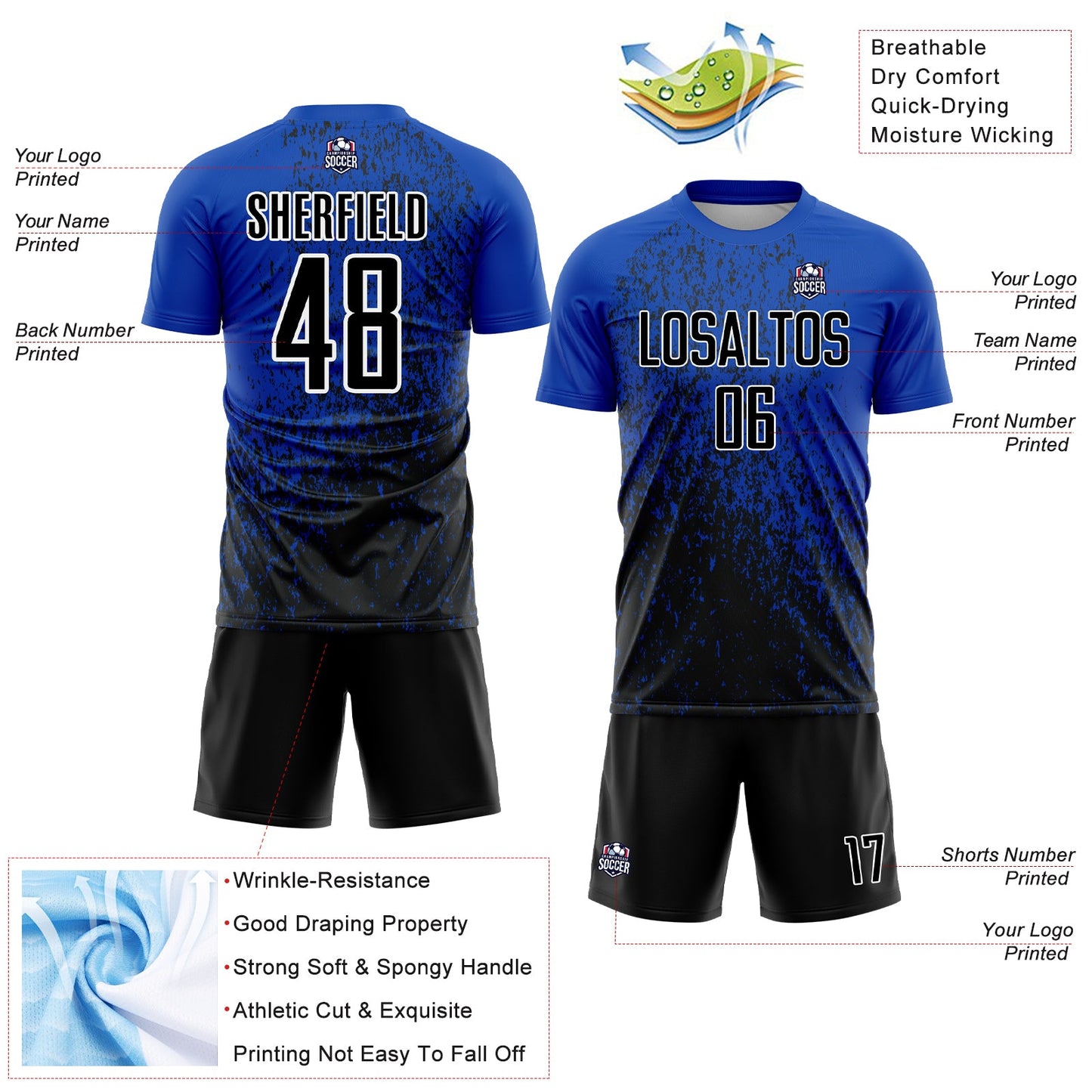 Custom Thunder Blue Black-White Abstract Fragment Art Sublimation Soccer Uniform Jersey - Sky-Custom