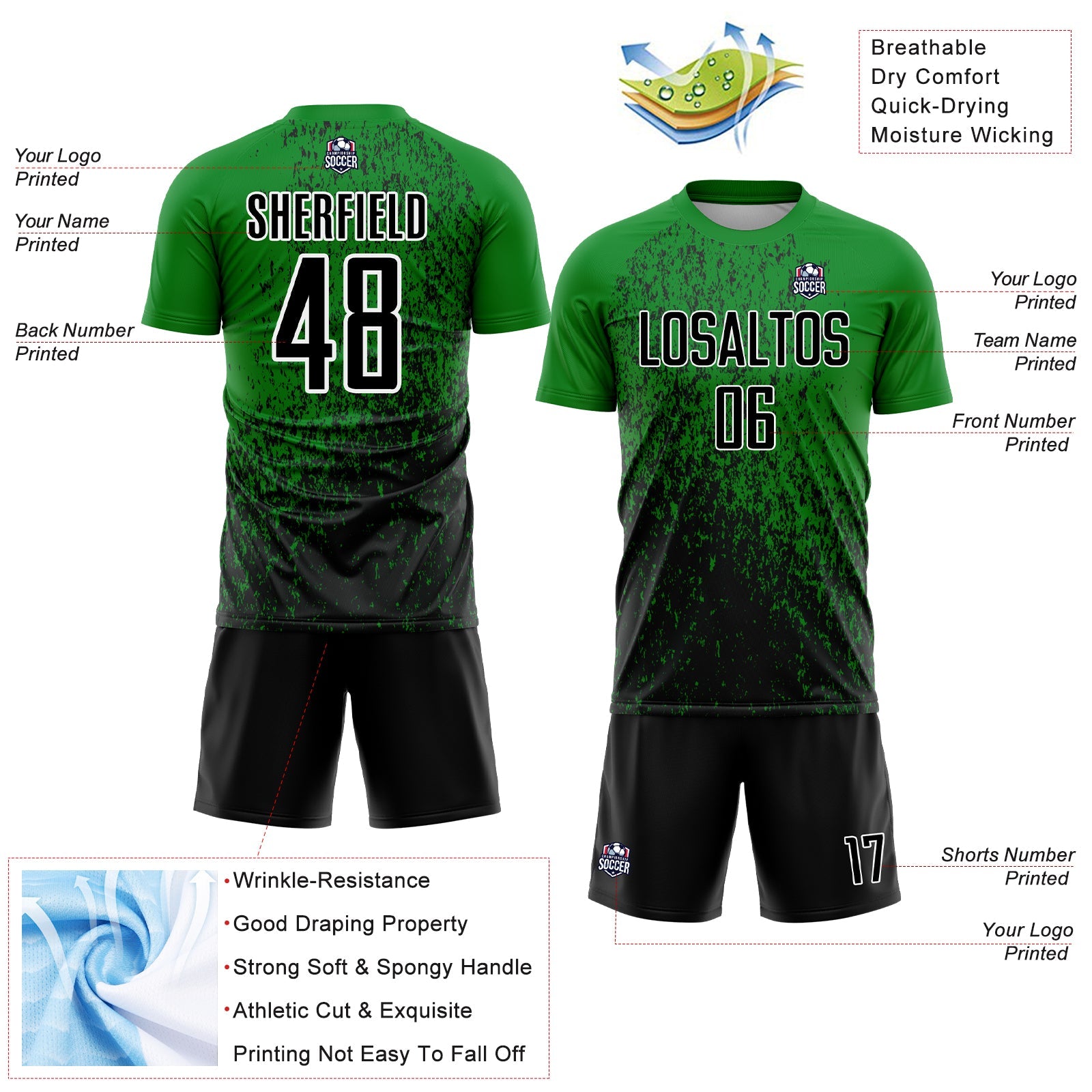 Custom Grass Green Black-White Abstract Fragment Art Sublimation Soccer Uniform Jersey - Sky-Custom