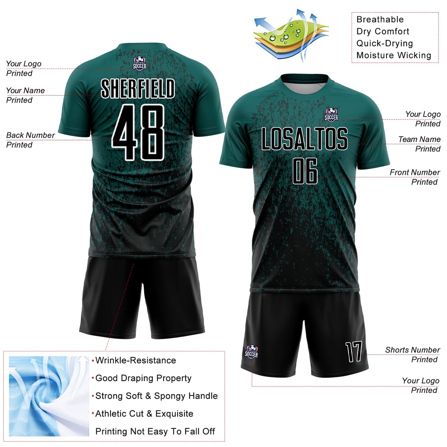 Custom Midnight Green Black-White Abstract Fragment Art Sublimation Soccer Uniform Jersey - Sky-Custom