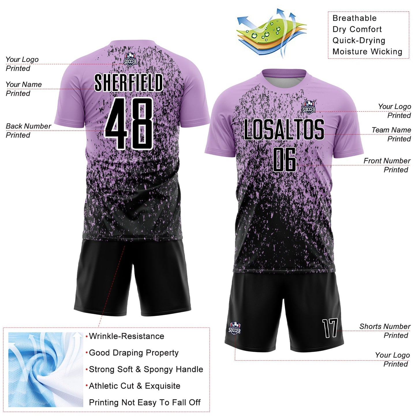 Custom Light Purple Black-White Abstract Fragment Art Sublimation Soccer Uniform Jersey - Sky-Custom