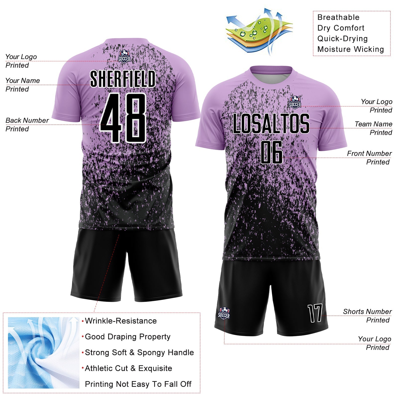 Custom Light Purple Black-White Abstract Fragment Art Sublimation Soccer Uniform Jersey - Sky-Custom