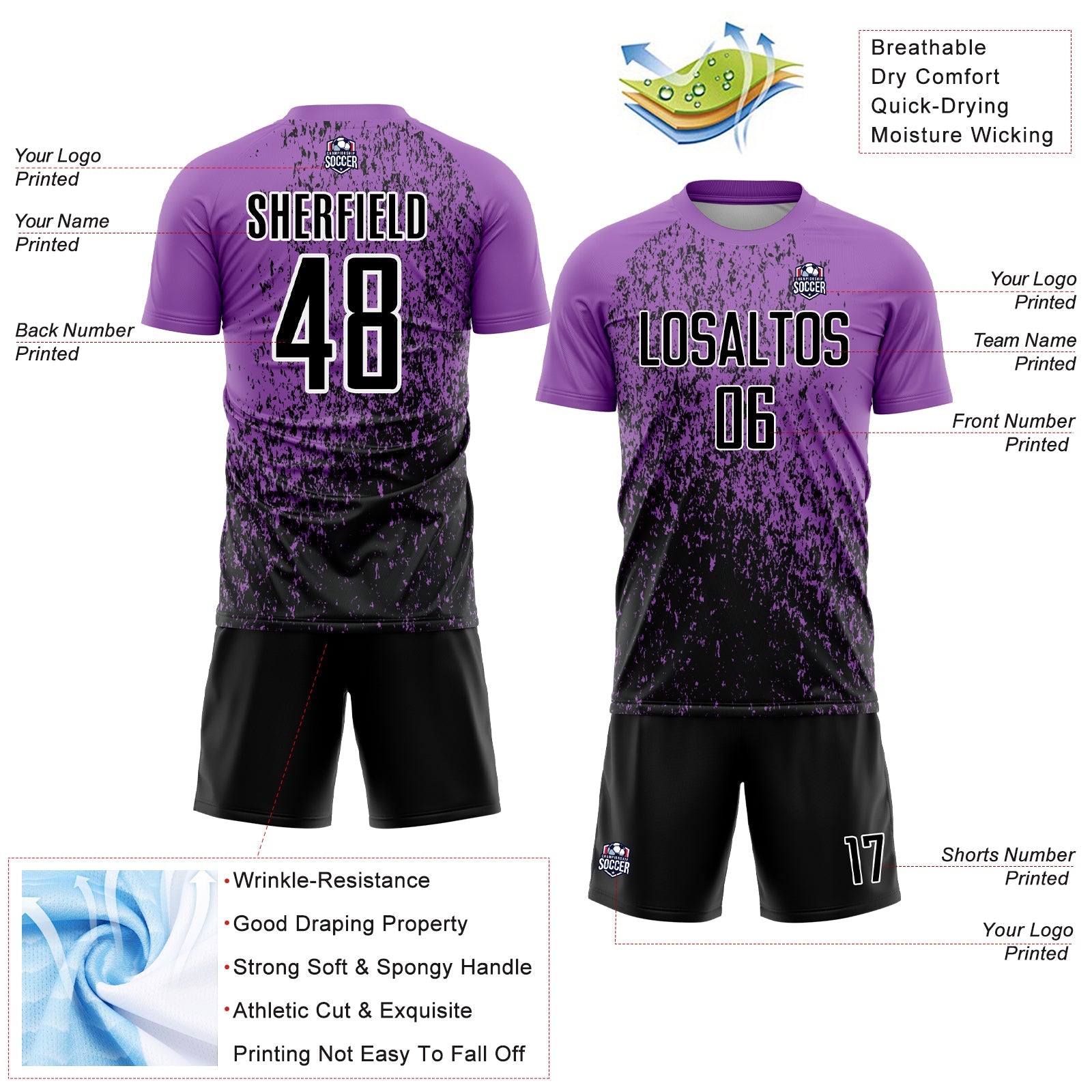 Custom Medium Purple Black-White Abstract Fragment Art Sublimation Soccer Uniform Jersey - Sky-Custom