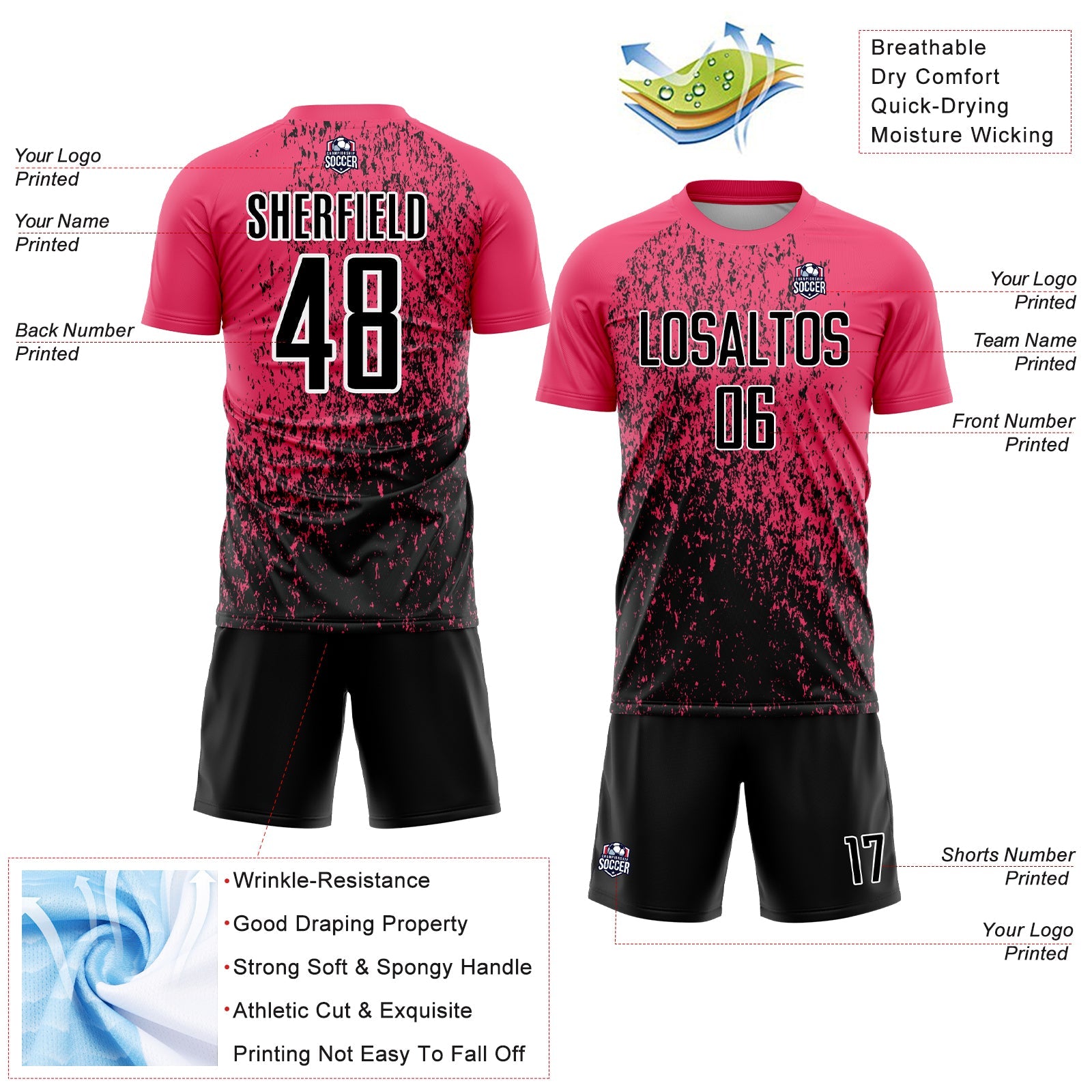 Custom Neon Pink Black-White Abstract Fragment Art Sublimation Soccer Uniform Jersey - Sky-Custom