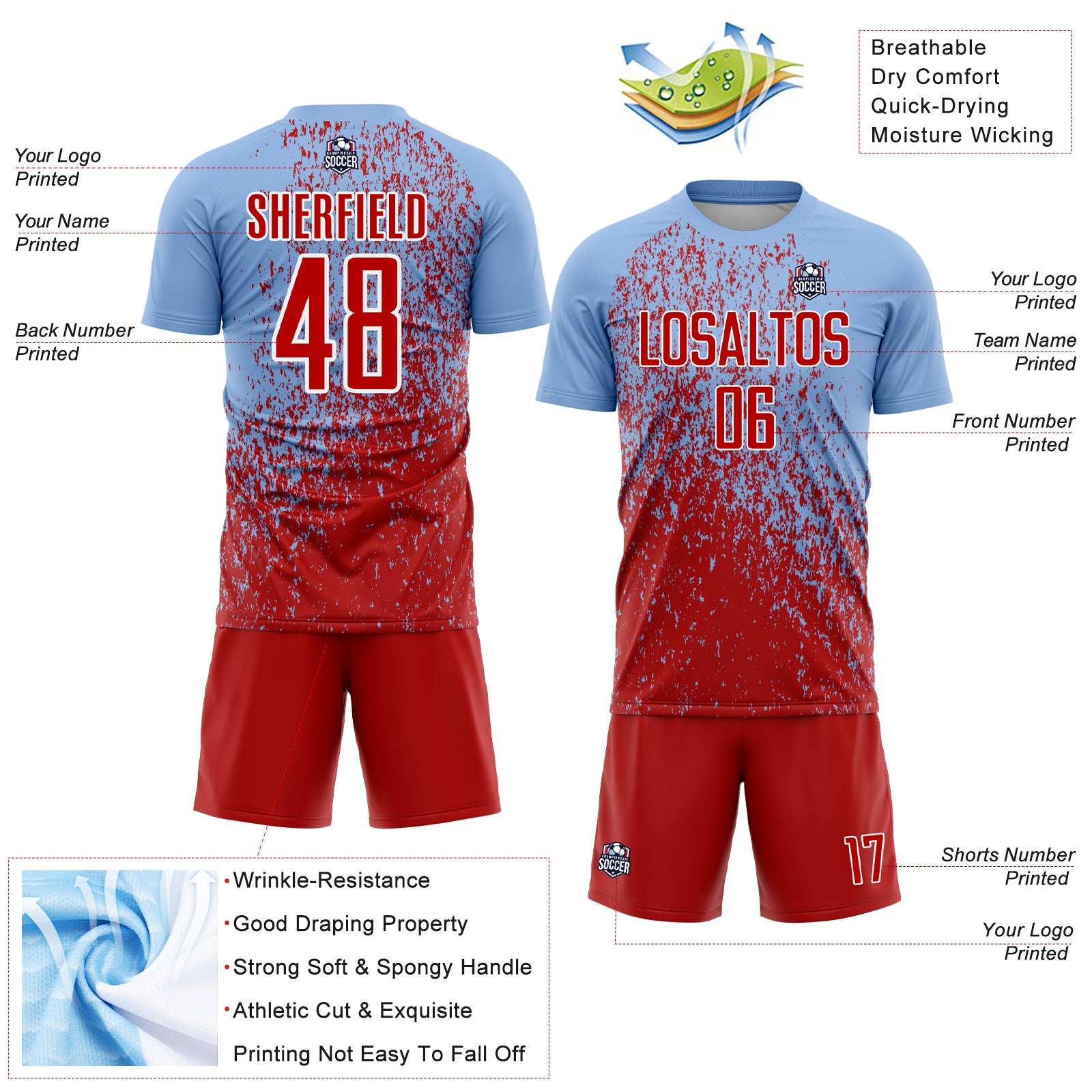 Custom Light Blue Red-White Abstract Fragment Art Sublimation Soccer Uniform Jersey - Sky-Custom