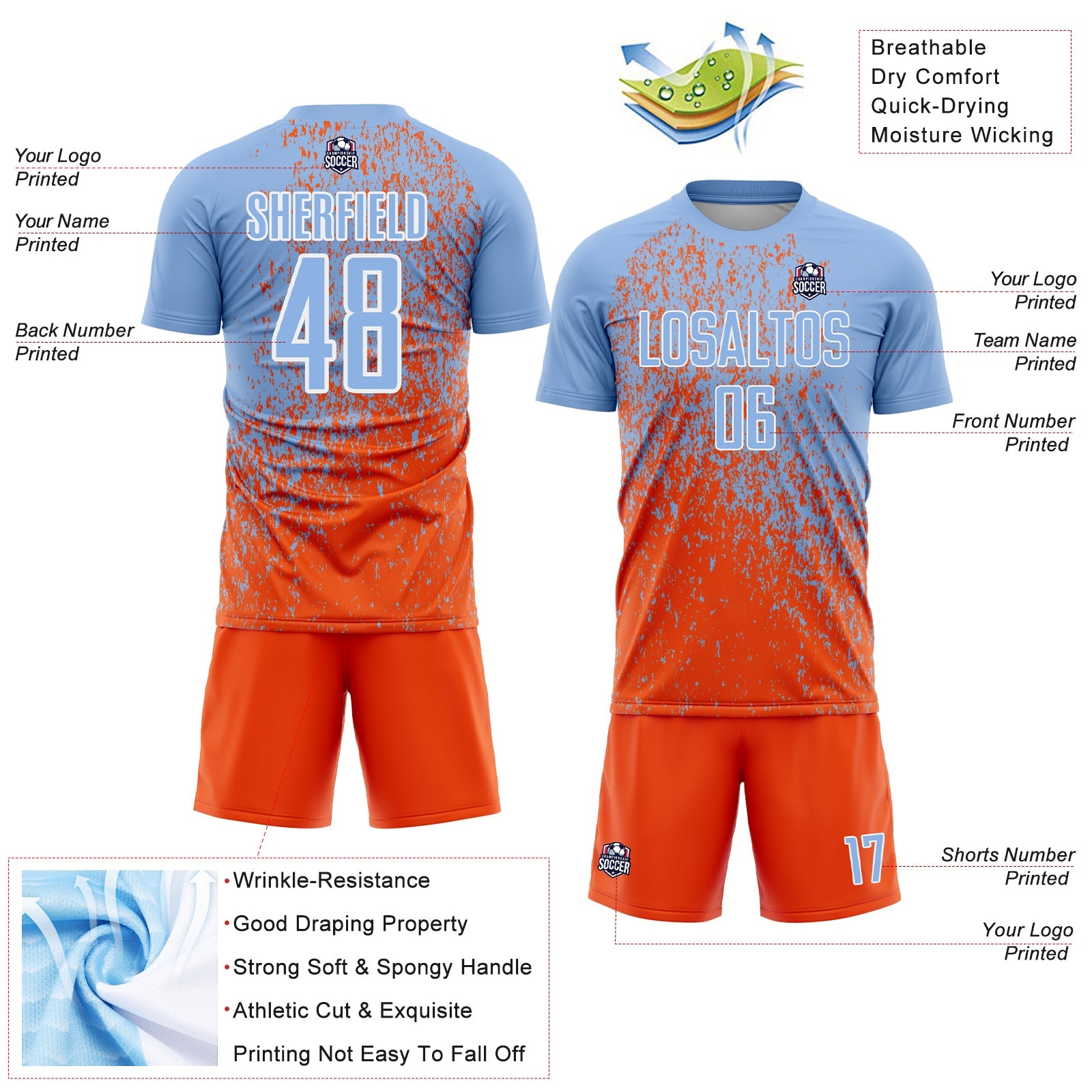 Custom Light Blue Orange-White Abstract Fragment Art Sublimation Soccer Uniform Jersey - Sky-Custom