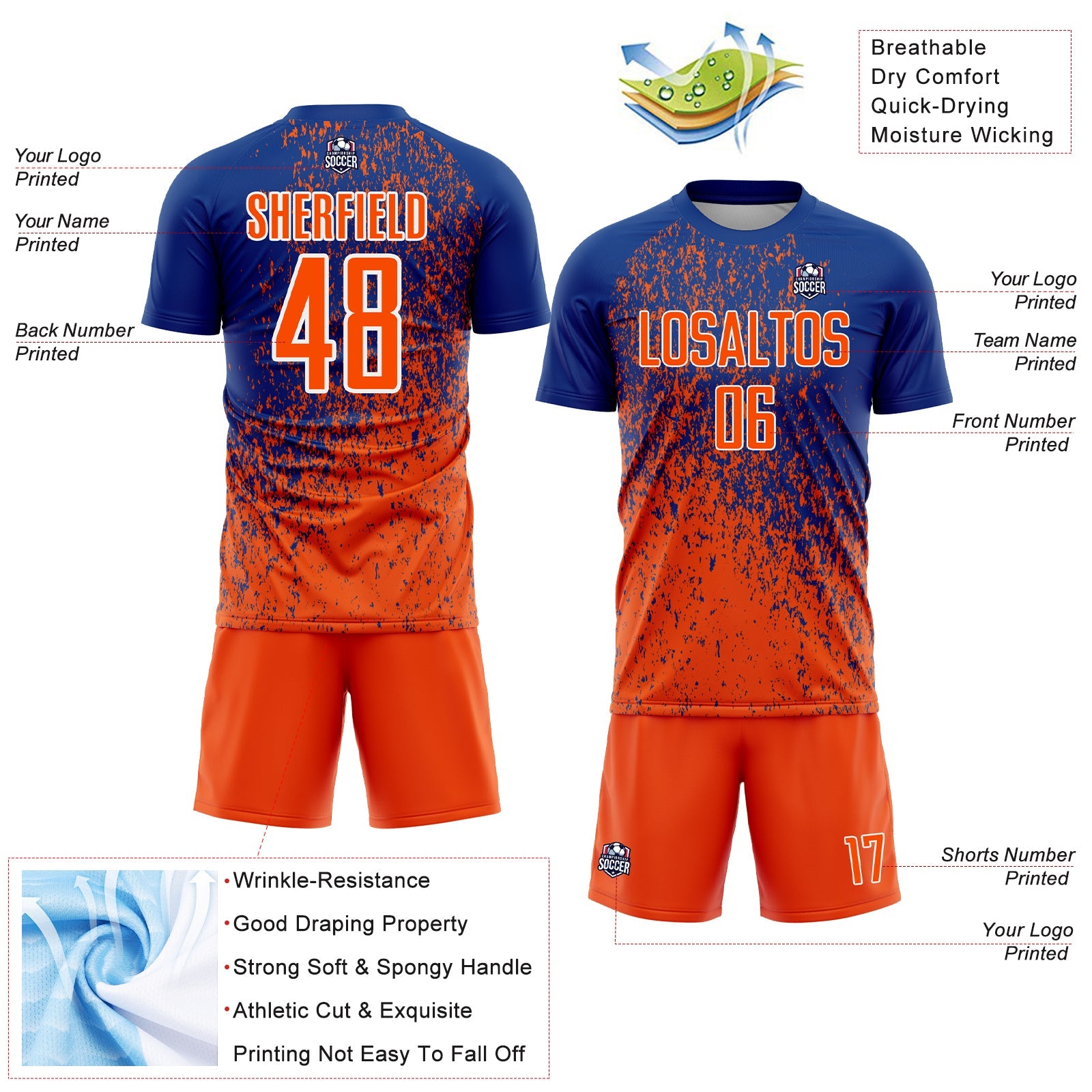 Custom Royal Orange-White Abstract Fragment Art Sublimation Soccer Uniform Jersey - Sky-Custom