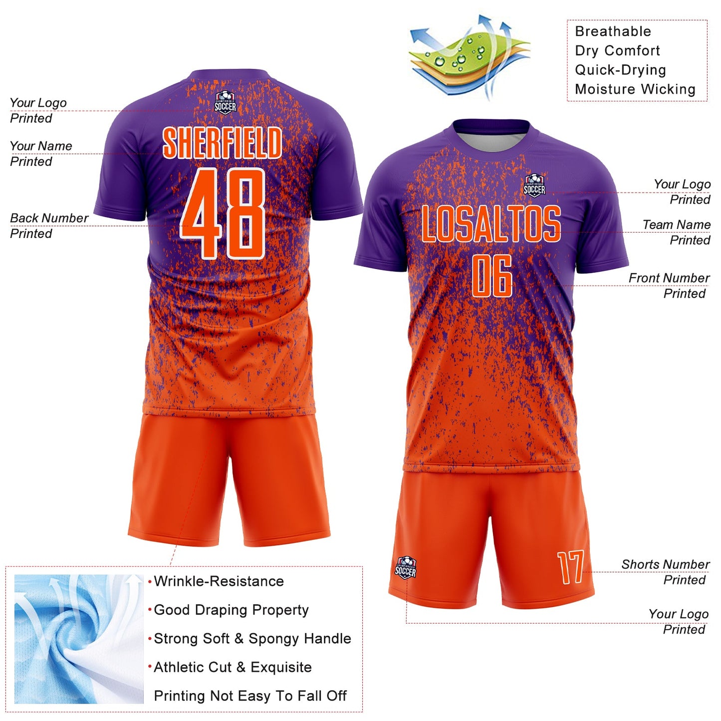 Custom Purple Orange-White Abstract Fragment Art Sublimation Soccer Uniform Jersey - Sky-Custom