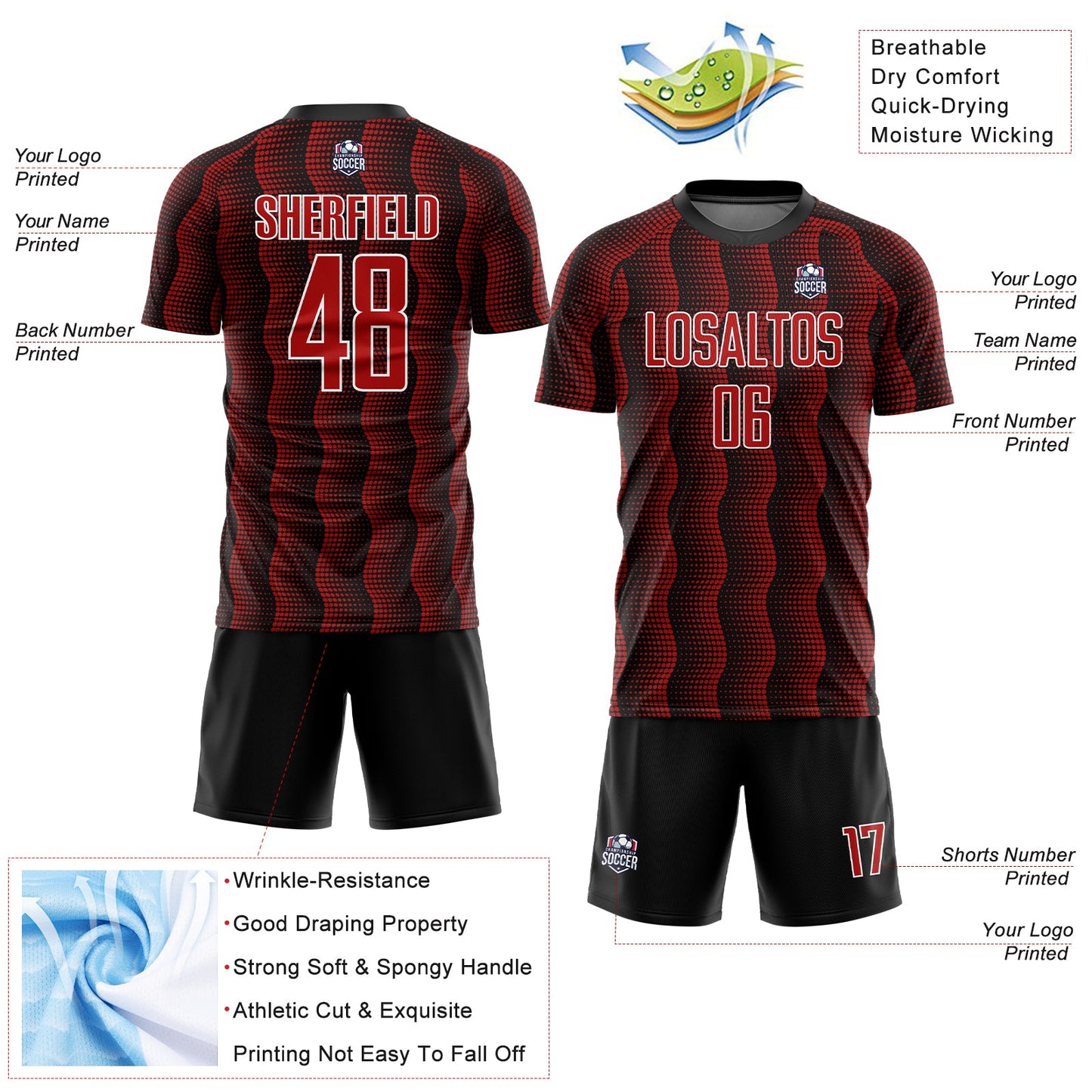 Custom Black Red-White Geometric Shape Sublimation Soccer Uniform Jersey - Sky-Custom