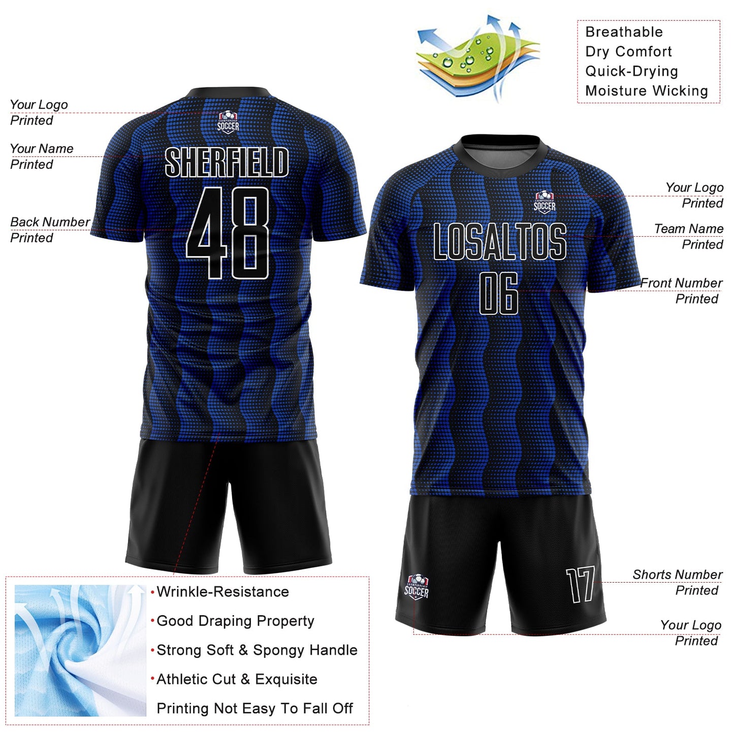Custom Black Thunder Blue-White Geometric Shape Sublimation Soccer Uniform Jersey - Sky-Custom