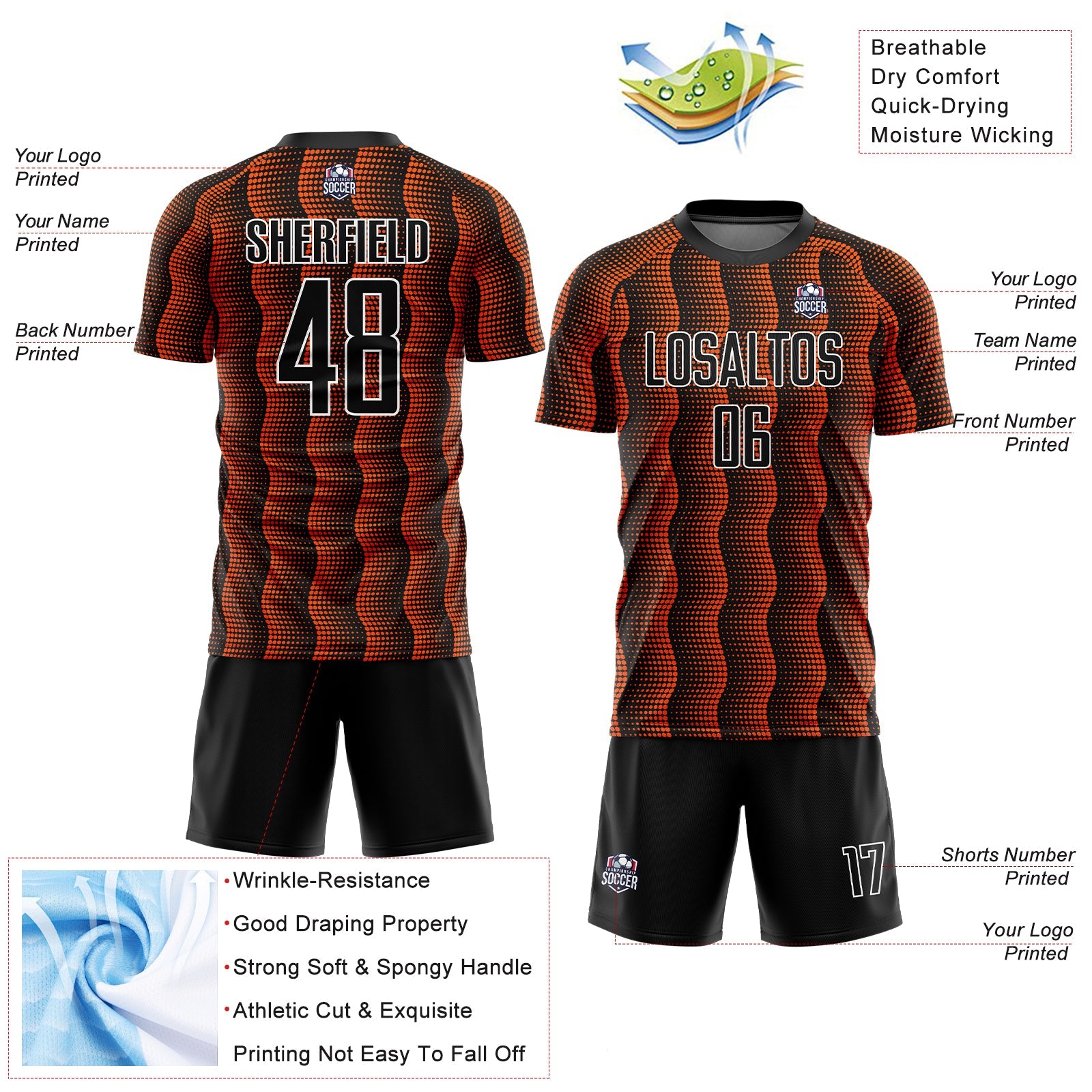 Custom Black Orange-White Geometric Shape Sublimation Soccer Uniform Jersey - Sky-Custom