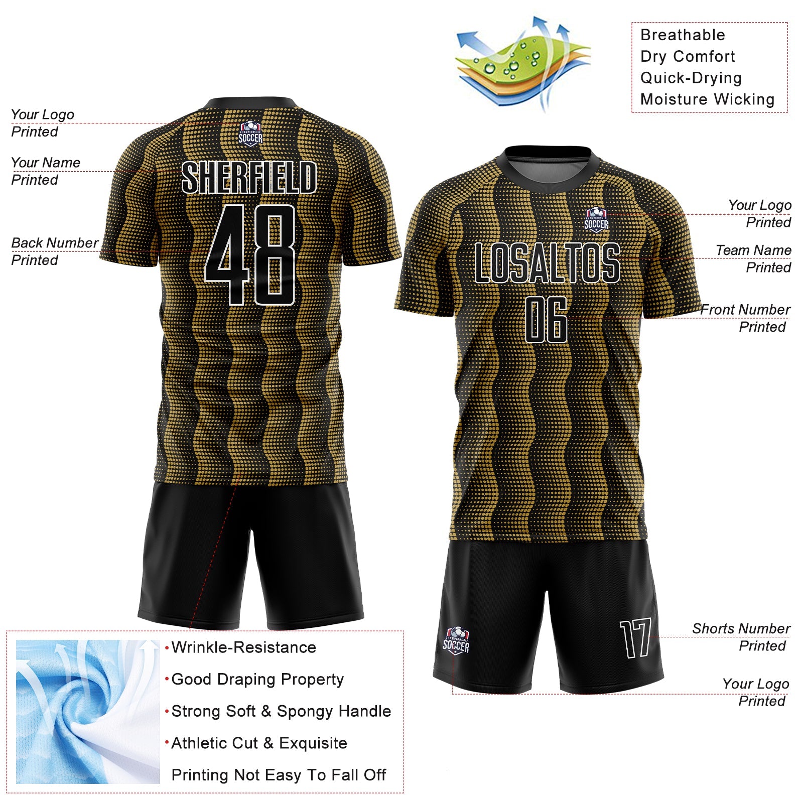 Custom Black Old Gold-White Geometric Shape Sublimation Soccer Uniform Jersey - Sky-Custom