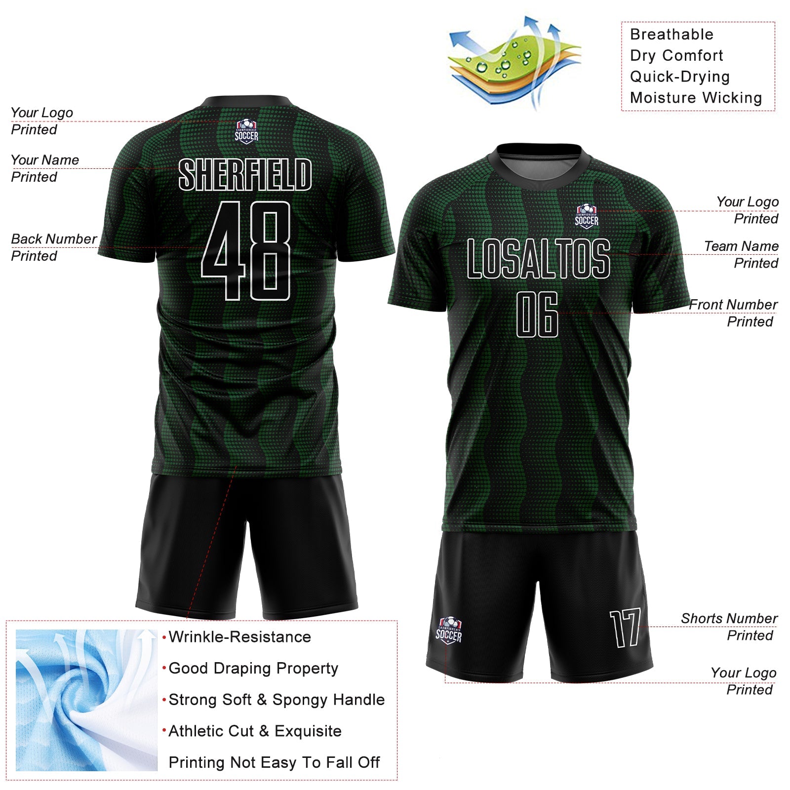 Custom Black Green-White Geometric Shape Sublimation Soccer Uniform Jersey - Sky-Custom