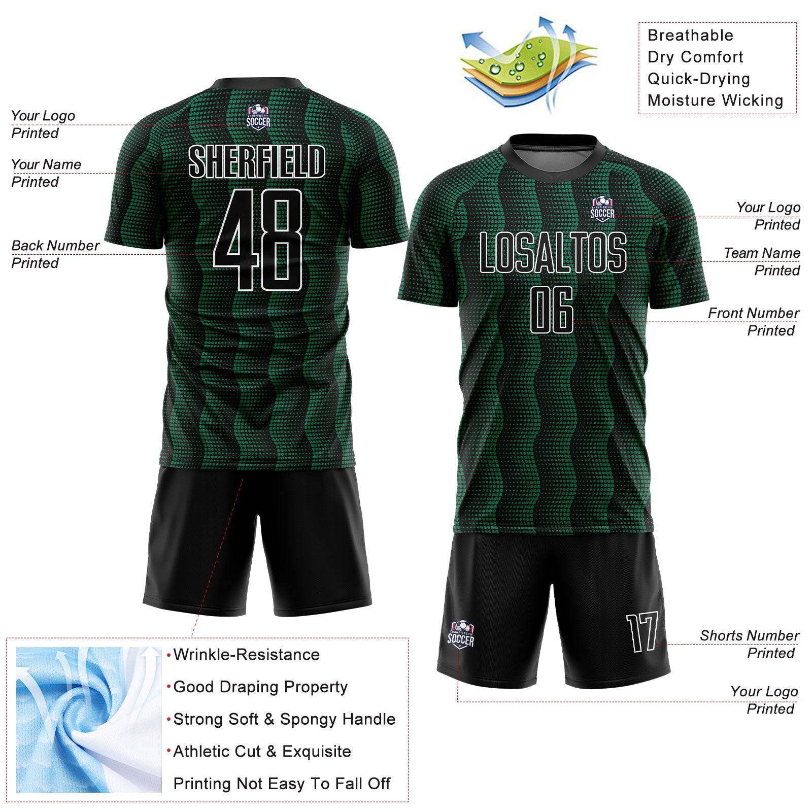 Custom Black Kelly Green-White Geometric Shape Sublimation Soccer Uniform Jersey - Sky-Custom