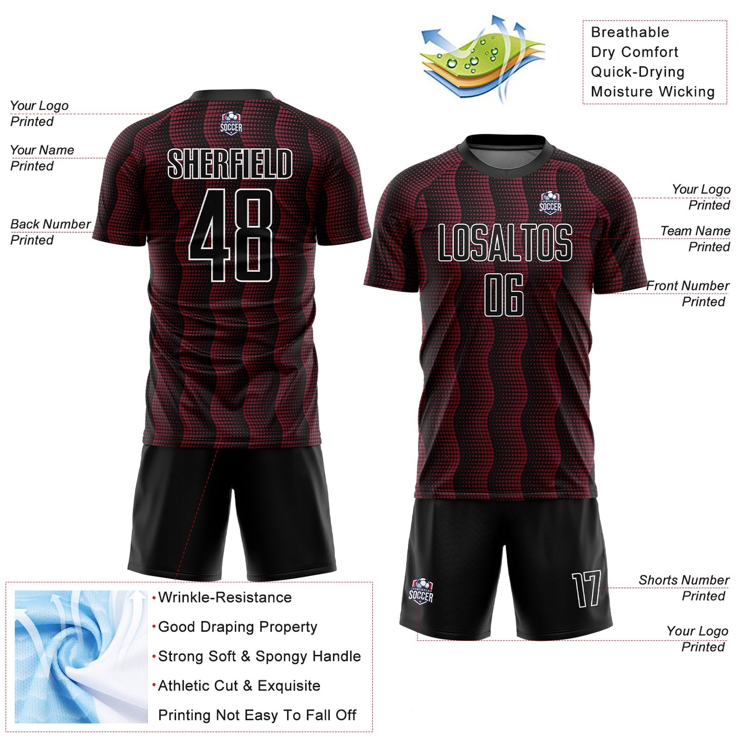 Custom Black Crimson-White Geometric Shape Sublimation Soccer Uniform Jersey - Sky-Custom