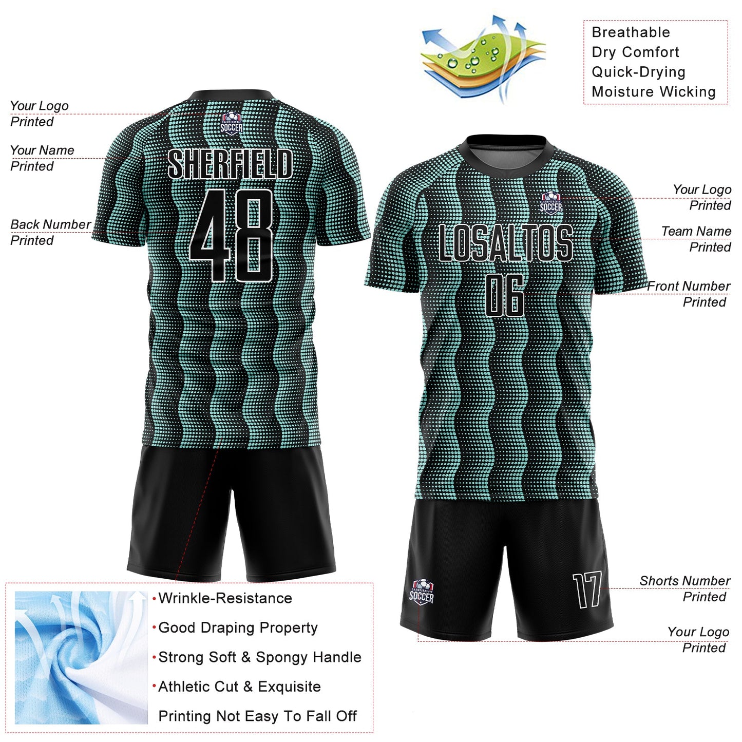 Custom Black Ice Blue-White Geometric Shape Sublimation Soccer Uniform Jersey - Sky-Custom