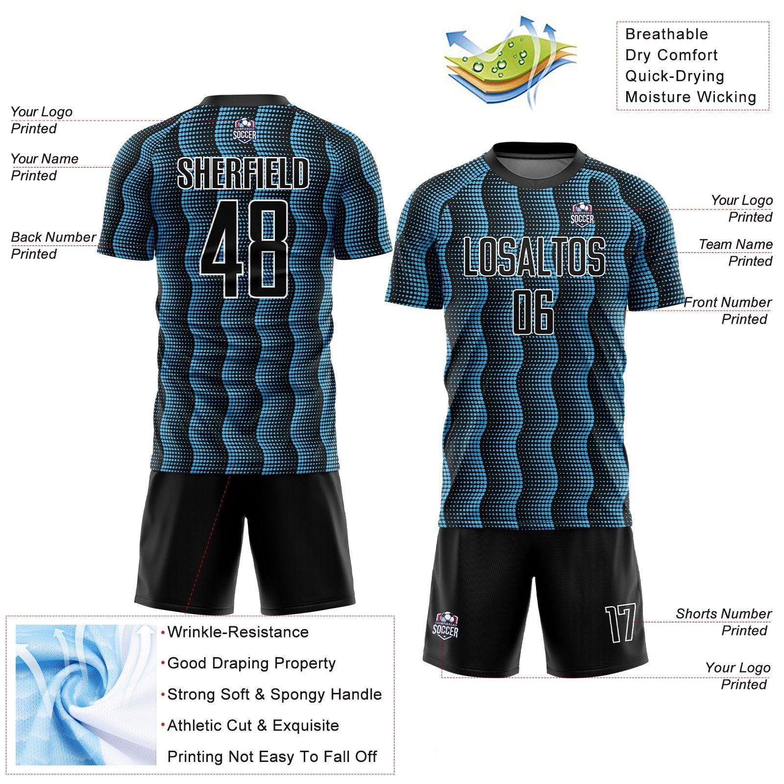Custom Black Sky Blue-White Geometric Shape Sublimation Soccer Uniform Jersey - Sky-Custom