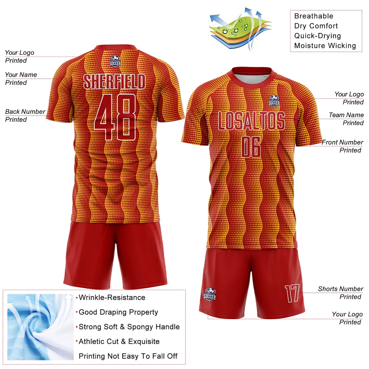 Custom Red Yellow-White Geometric Shape Sublimation Soccer Uniform Jersey - Sky-Custom