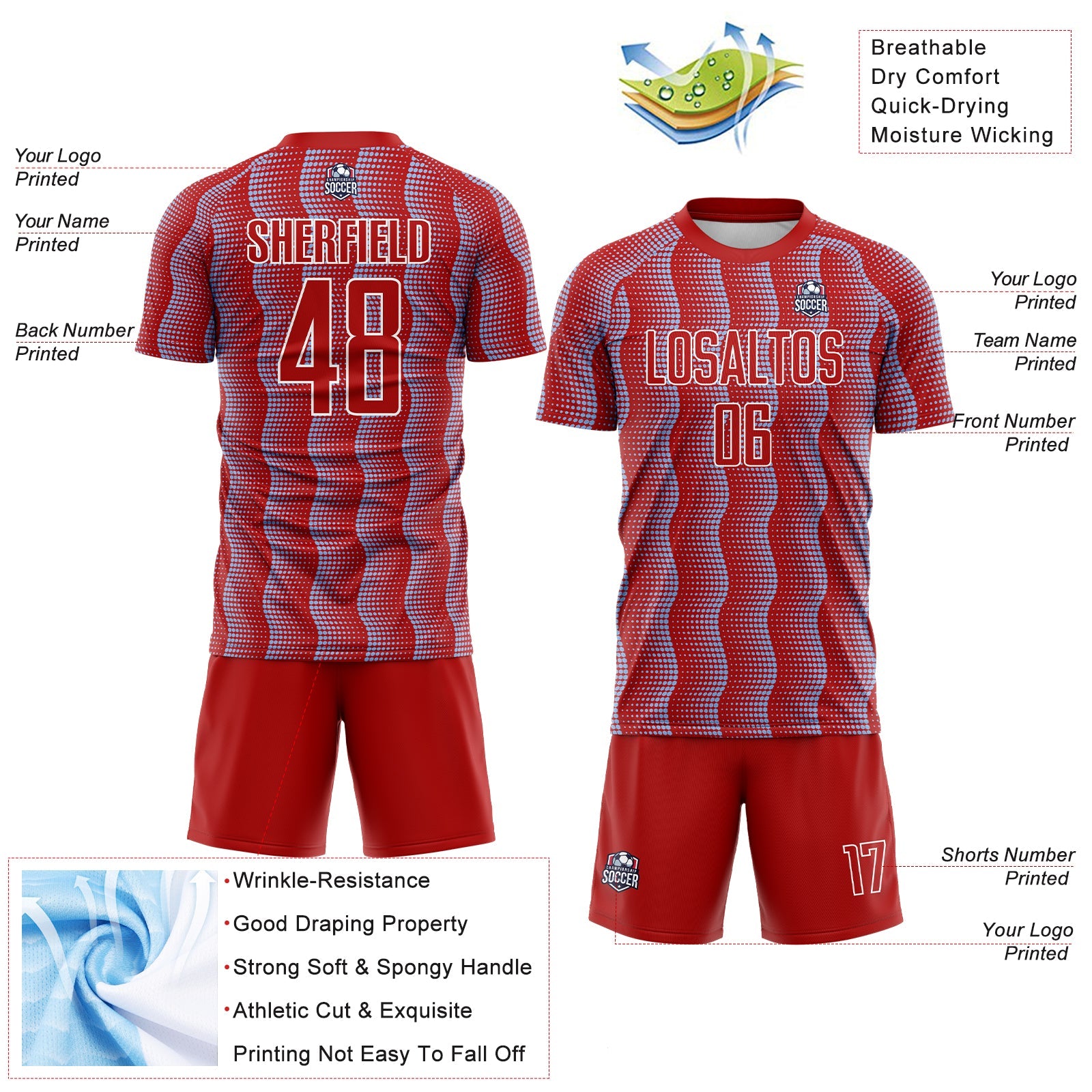 Custom Red Light Blue-White Geometric Shape Sublimation Soccer Uniform Jersey - Sky-Custom