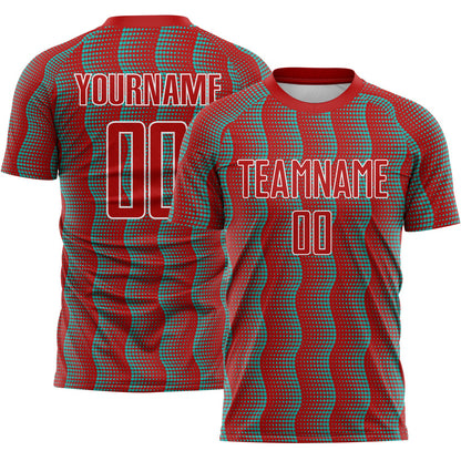 Custom Red Aqua-White Geometric Shape Sublimation Soccer Uniform Jersey - Sky-Custom