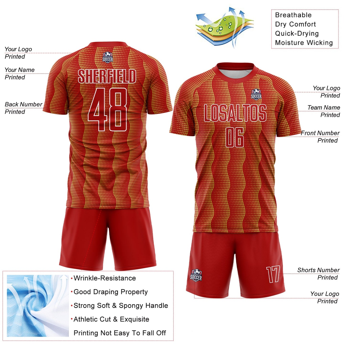 Custom Red Old Gold-White Geometric Shape Sublimation Soccer Uniform Jersey - Sky-Custom