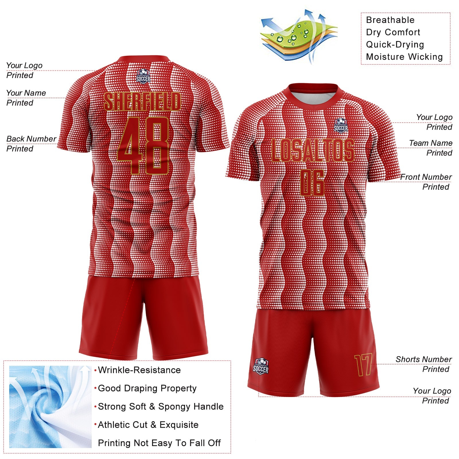 Custom Red Old Gold-White Geometric Shape Sublimation Soccer Uniform Jersey - Sky-Custom
