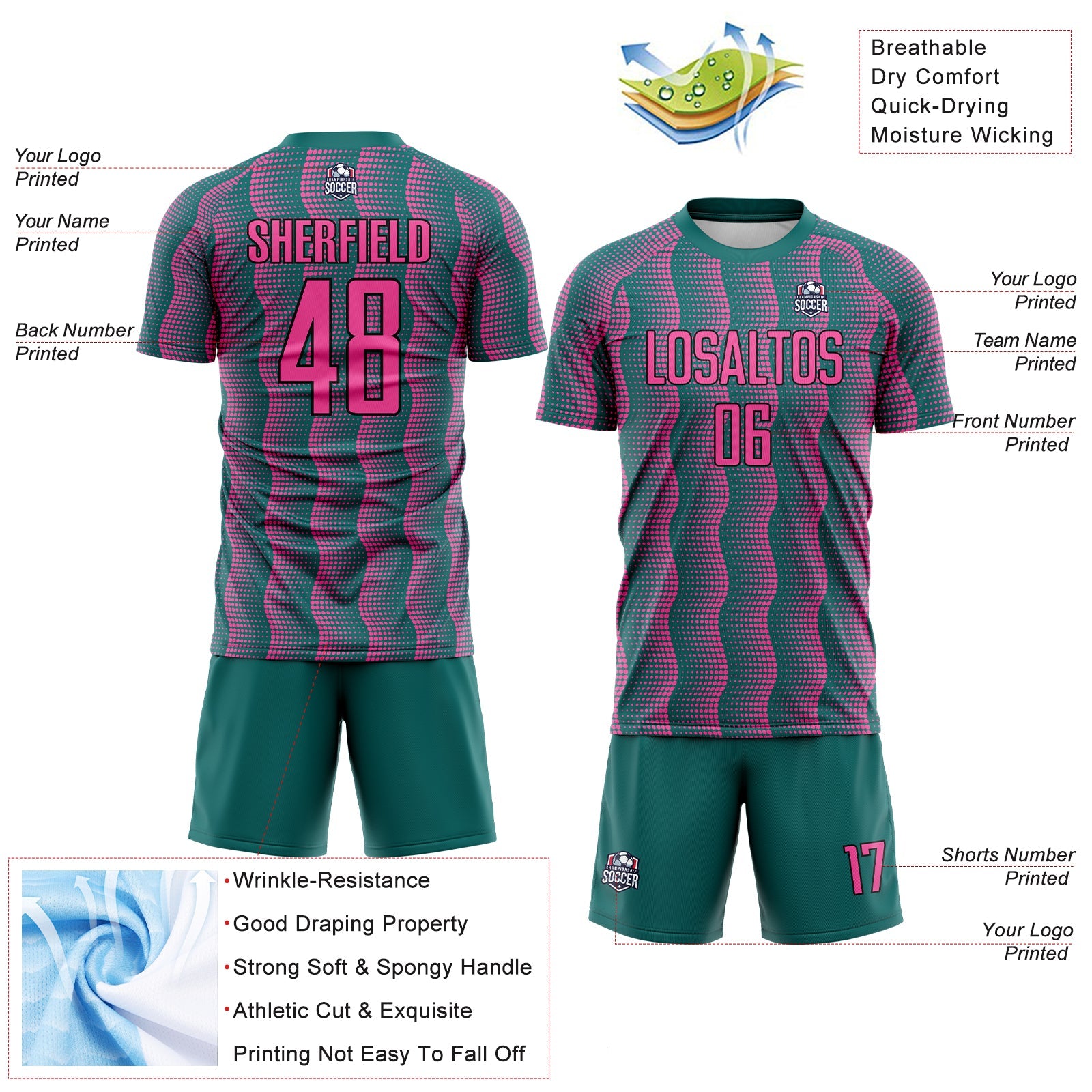 Custom Teal Pink-Black Geometric Shape Sublimation Soccer Uniform Jersey - Sky-Custom