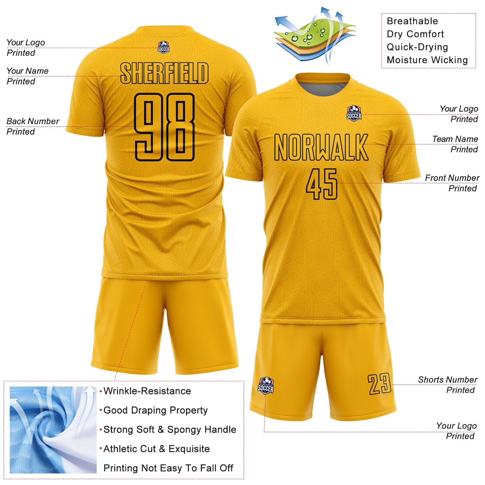 Custom Gold Black Geometric Shape Sublimation Soccer Uniform Jersey - Sky-Custom