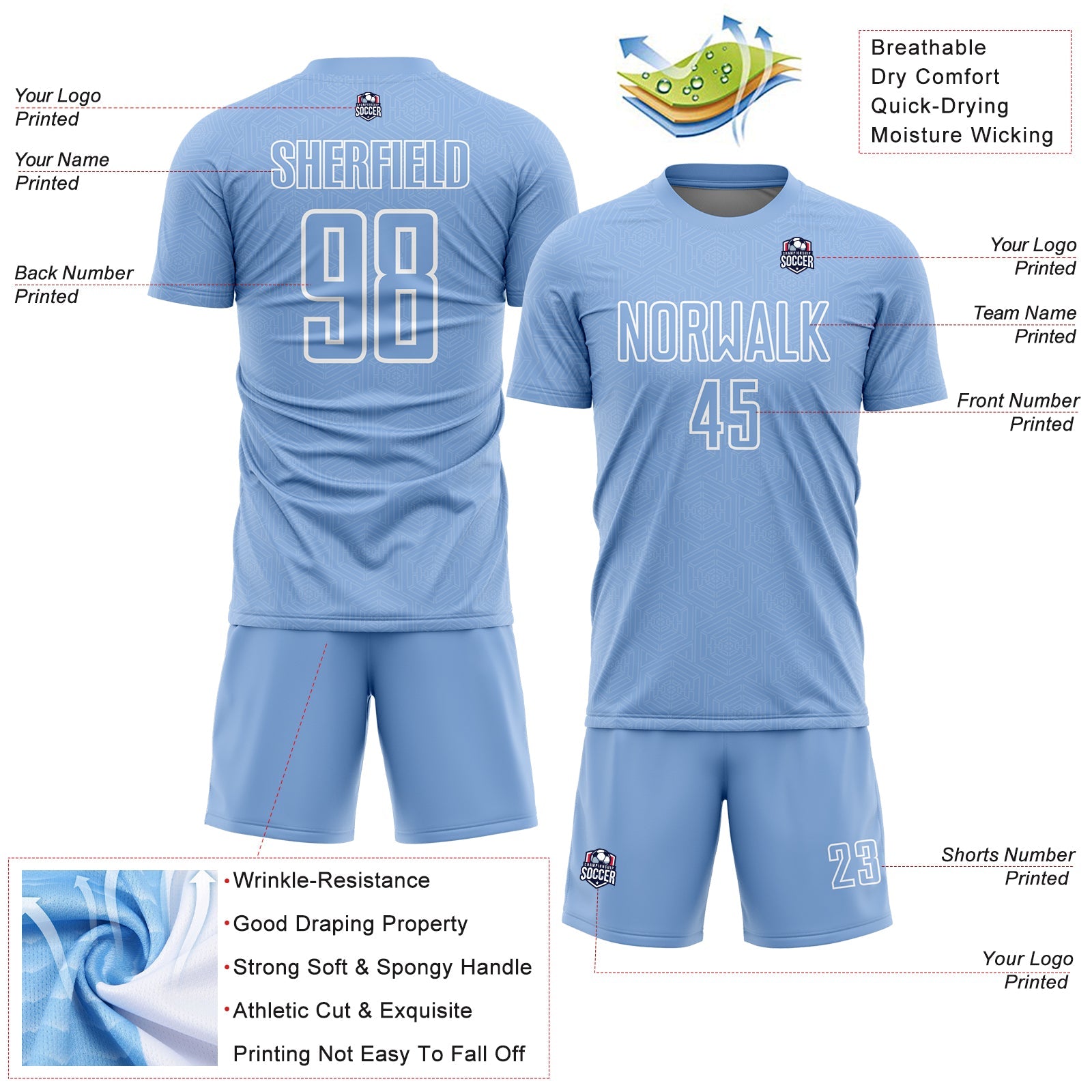 Custom Light Blue White Geometric Shape Sublimation Soccer Uniform Jersey - Sky-Custom