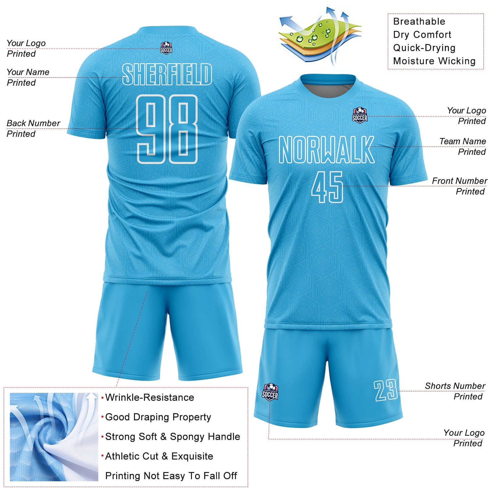 Custom Sky Blue White Geometric Shape Sublimation Soccer Uniform Jersey - Sky-Custom