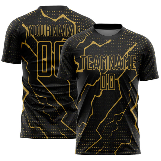 Custom Black Old Gold Lightning Sublimation Soccer Uniform Jersey - Sky-Custom