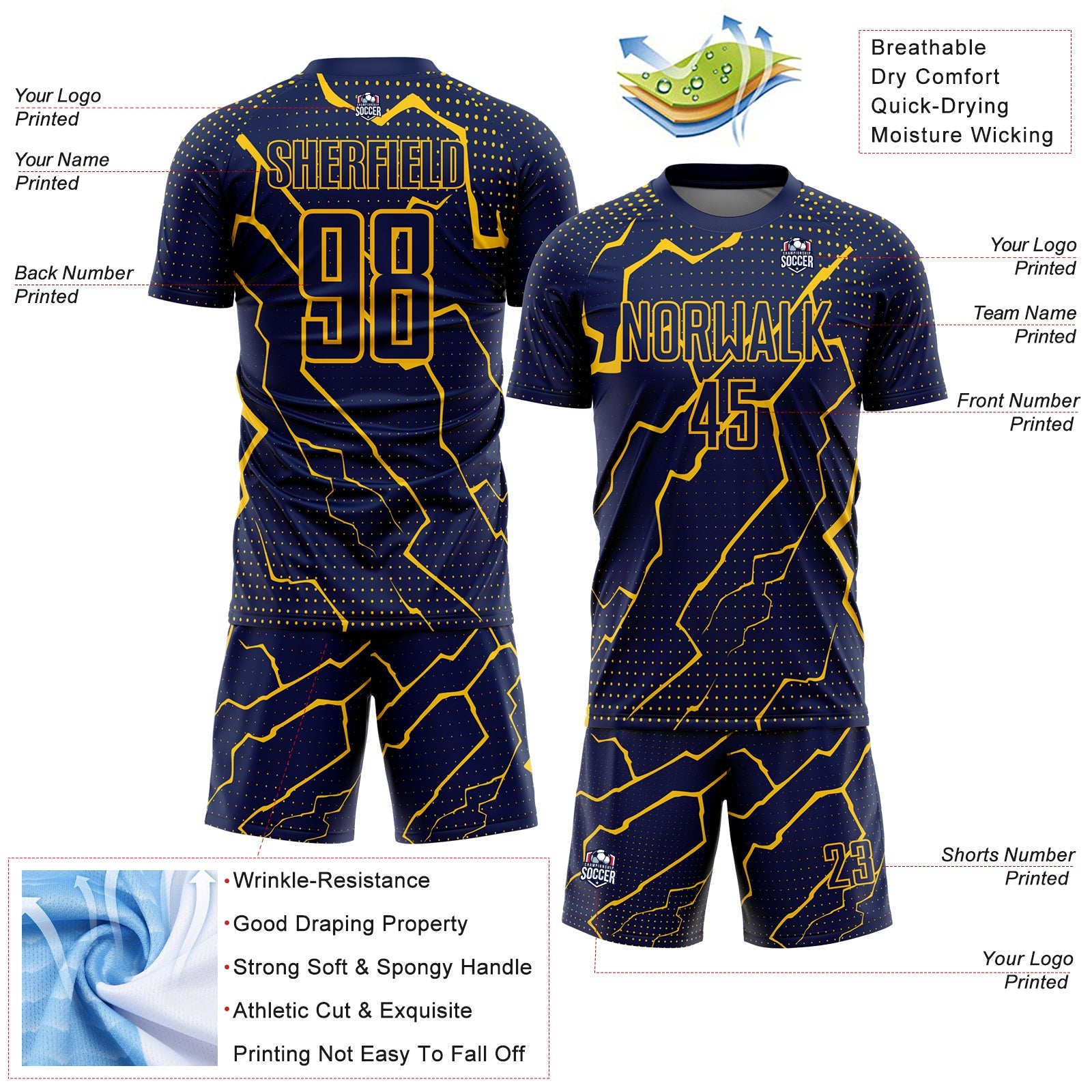 Custom Navy Yellow Lightning Sublimation Soccer Uniform Jersey - Sky-Custom