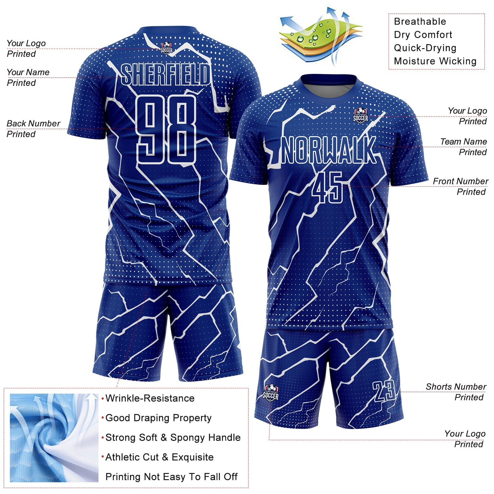 Custom Royal White Lightning Sublimation Soccer Uniform Jersey - Sky-Custom