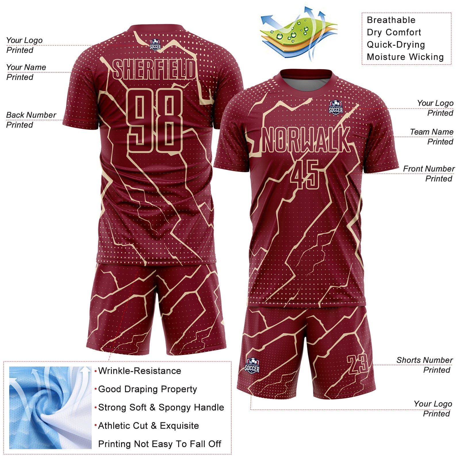 Custom Crimson City Cream Lightning Sublimation Soccer Uniform Jersey - Sky-Custom