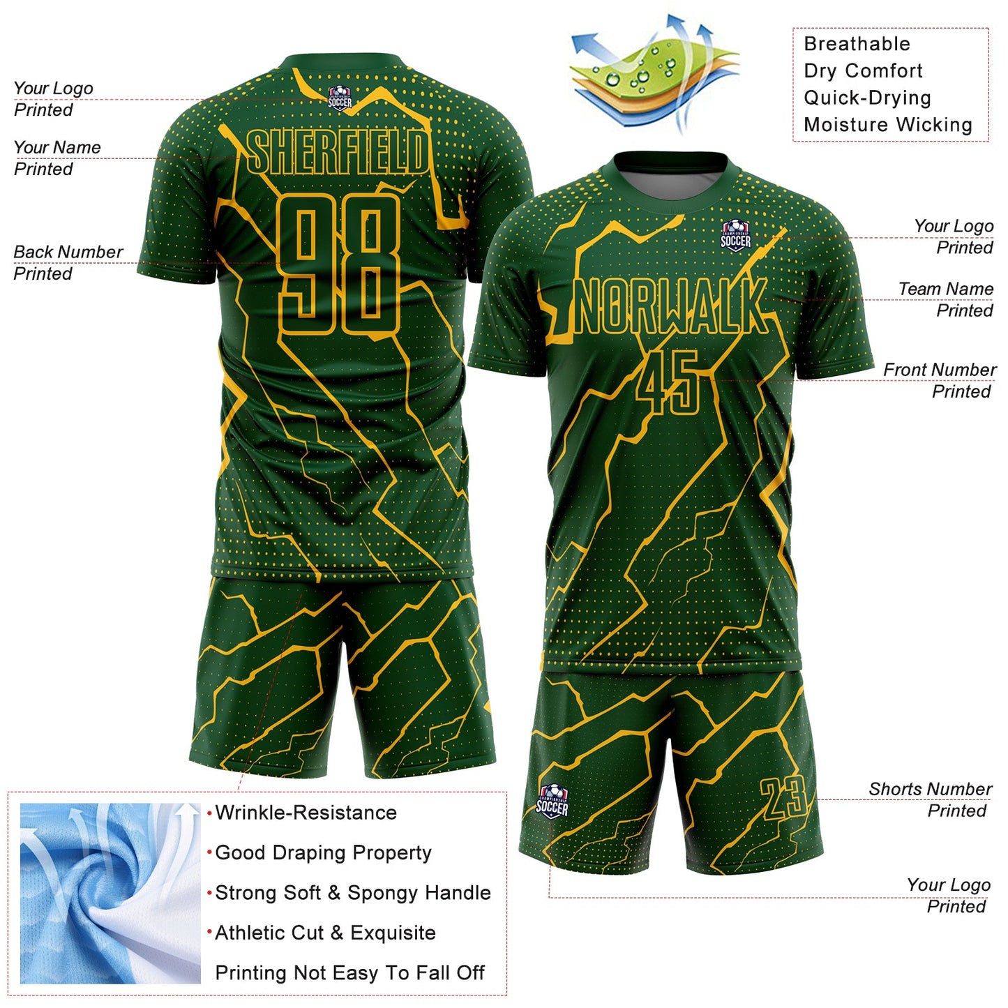 Custom Green Gold Lightning Sublimation Soccer Uniform Jersey - Sky-Custom