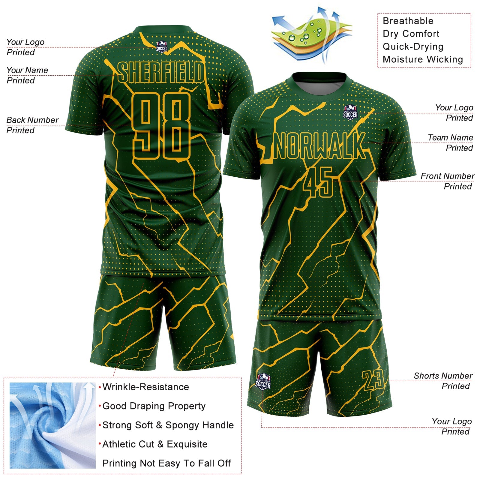 Custom Green Gold Lightning Sublimation Soccer Uniform Jersey - Sky-Custom