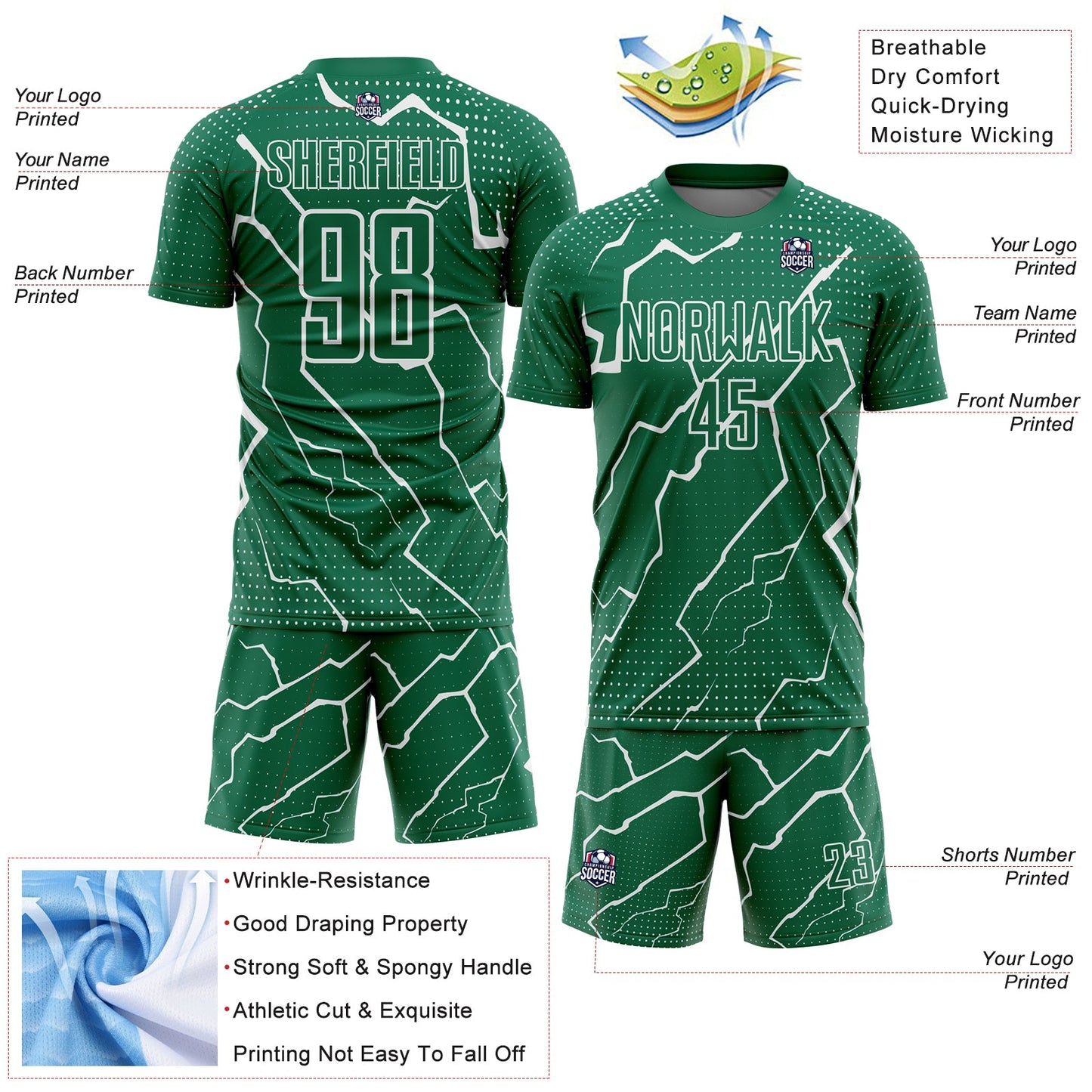 Custom Kelly Green White Lightning Sublimation Soccer Uniform Jersey - Sky-Custom