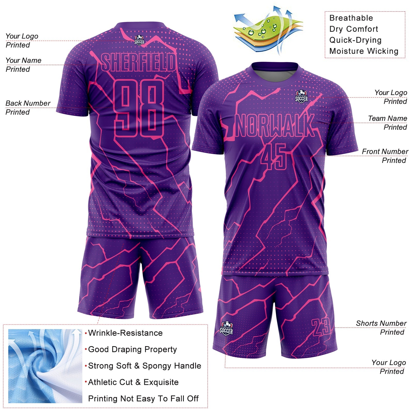 Custom Purple Pink Lightning Sublimation Soccer Uniform Jersey - Sky-Custom