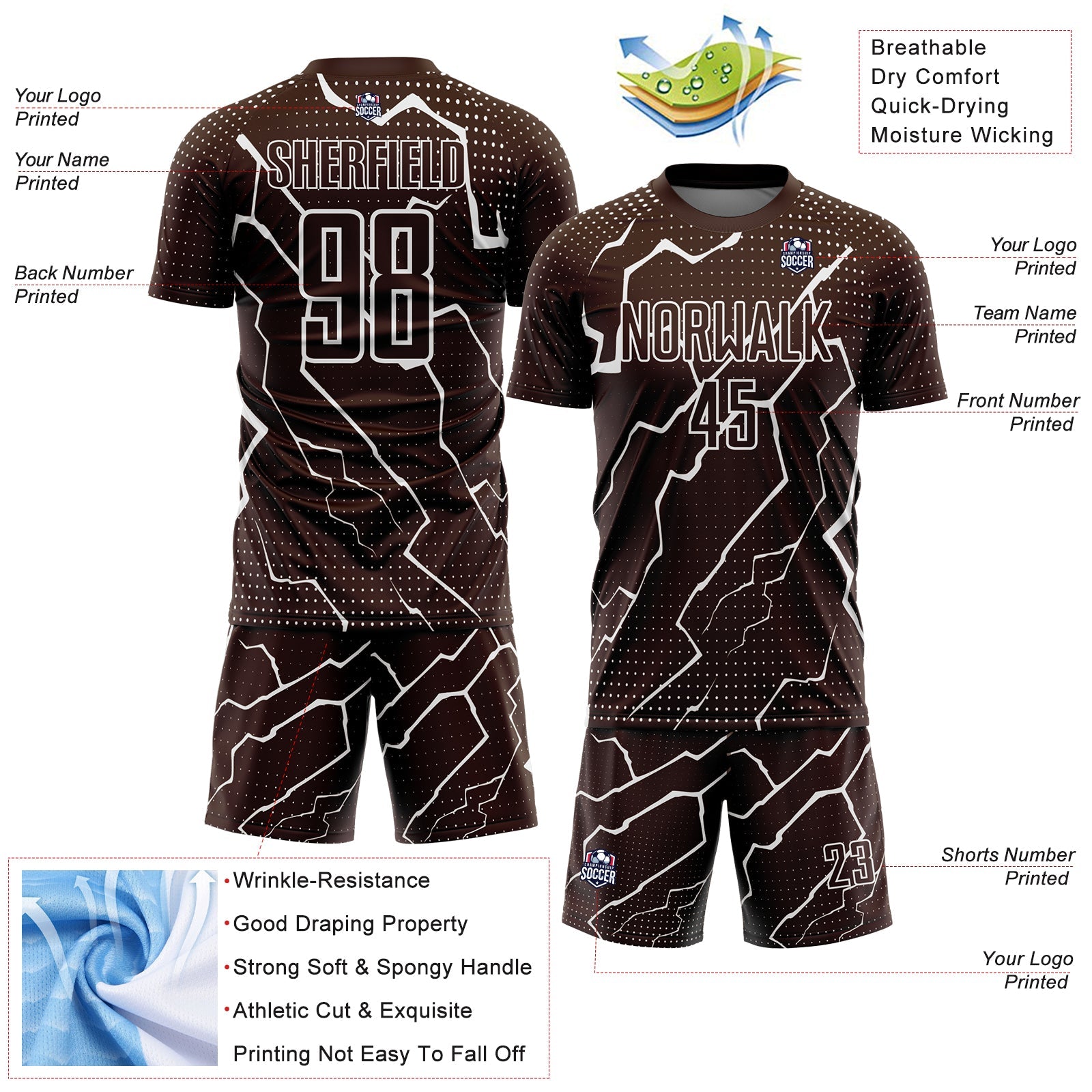 Custom Brown White Lightning Sublimation Soccer Uniform Jersey - Sky-Custom
