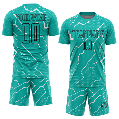 Custom Aqua Black-White Lightning Sublimation Soccer Uniform Jersey - Sky-Custom