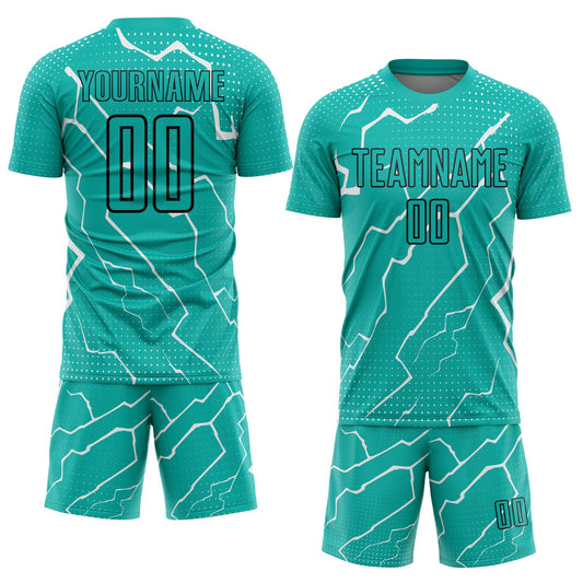 Custom Aqua Black-White Lightning Sublimation Soccer Uniform Jersey - Sky-Custom