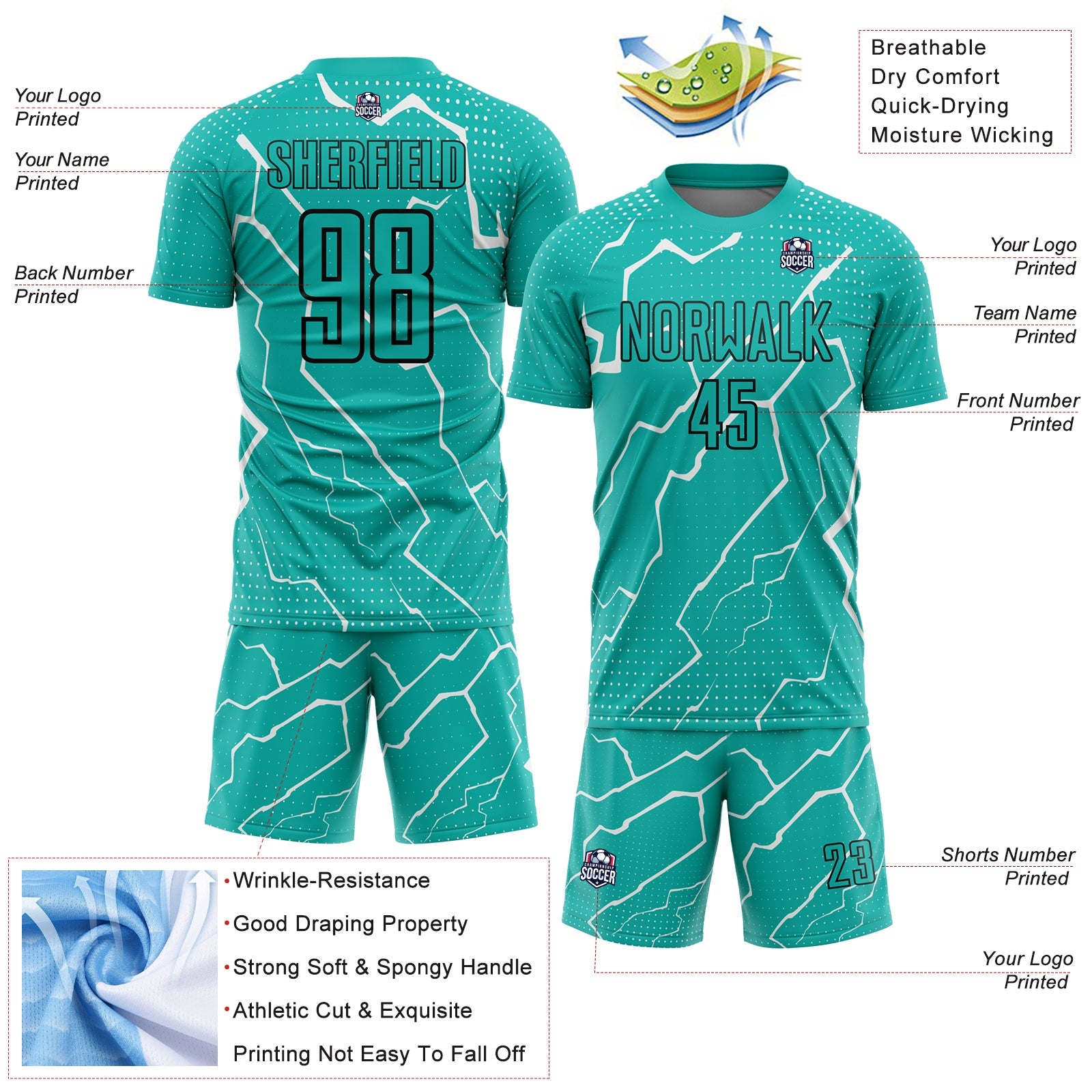 Custom Aqua Black-White Lightning Sublimation Soccer Uniform Jersey - Sky-Custom