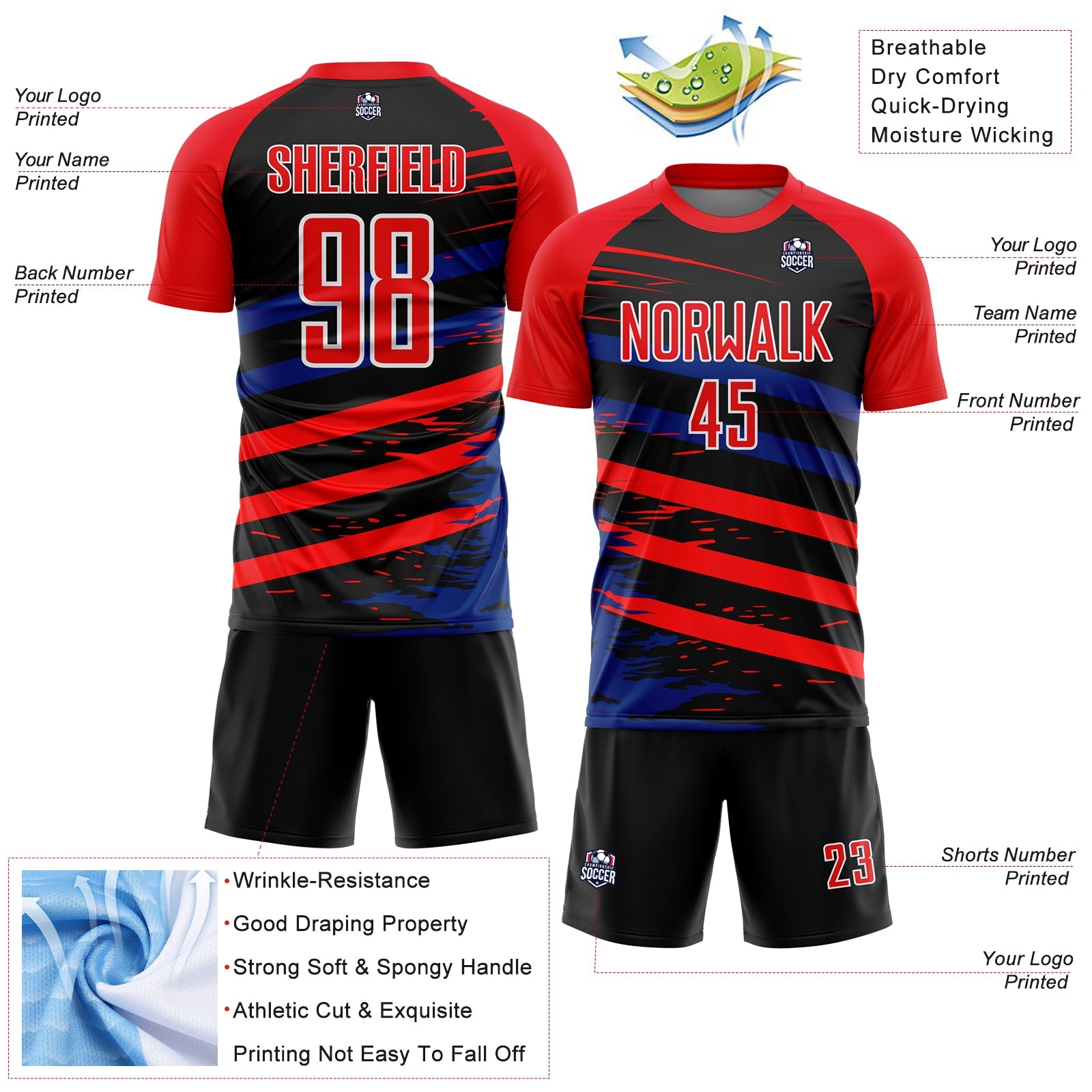 Custom Fire Red Royal-Black Line Sublimation Soccer Uniform Jersey - Sky-Custom