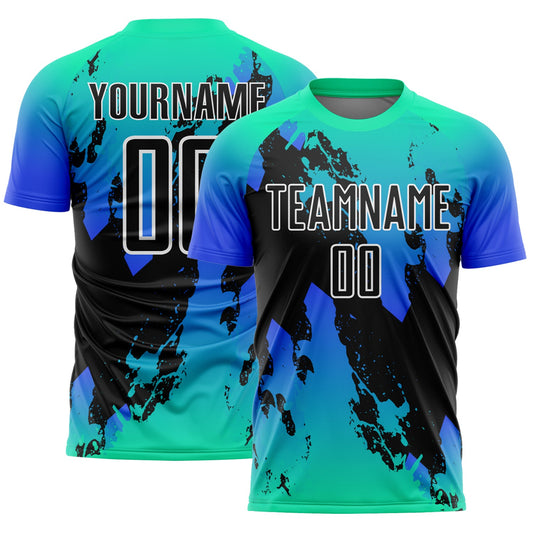 Custom Aqua Black-Thunder Blue Splash Sublimation Soccer Uniform Jersey - Sky-Custom