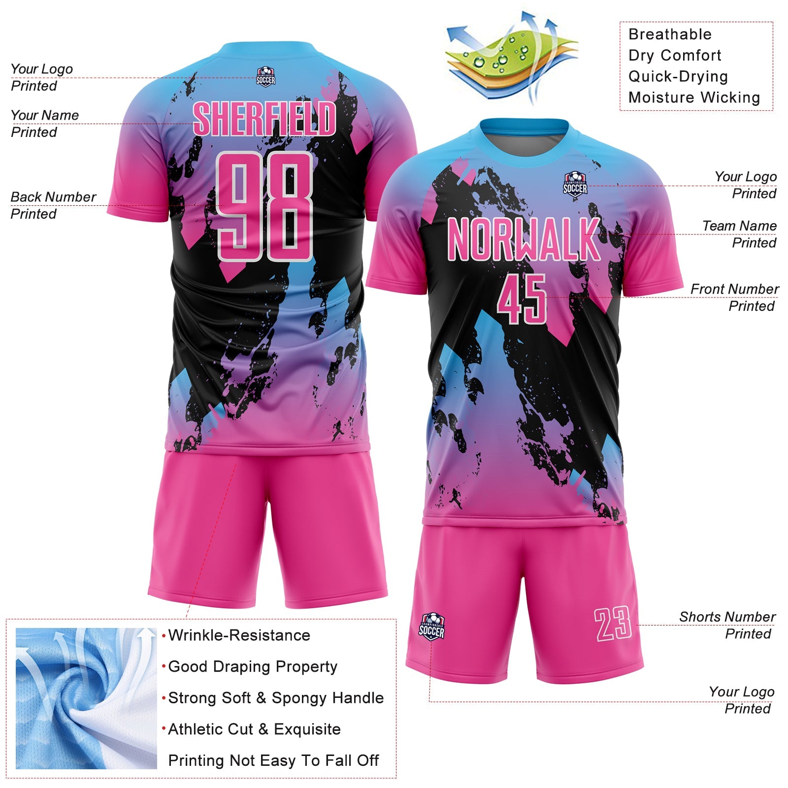 Custom Pink Sky Blue-Black Splash Sublimation Soccer Uniform Jersey - Sky-Custom