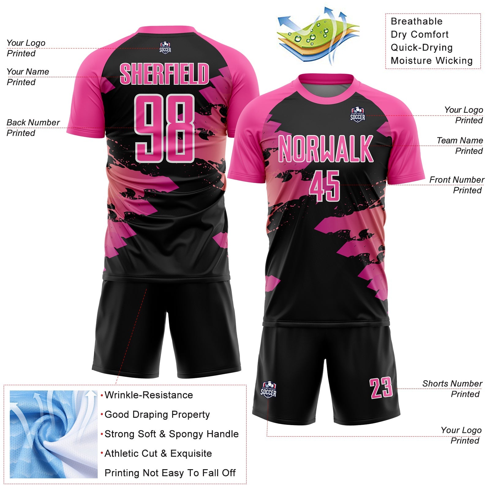 Custom Pink Black-White Splash Sublimation Soccer Uniform Jersey - Sky-Custom