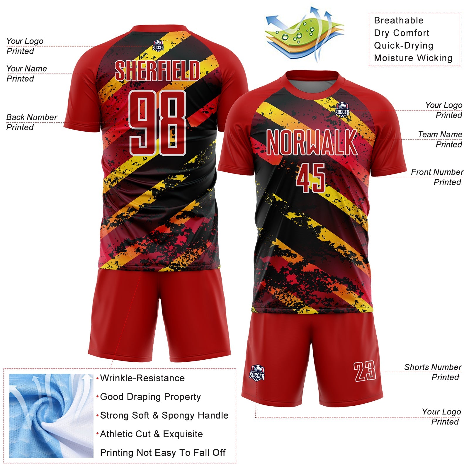Custom Red Gold-Black Splash Sublimation Soccer Uniform Jersey - Sky-Custom