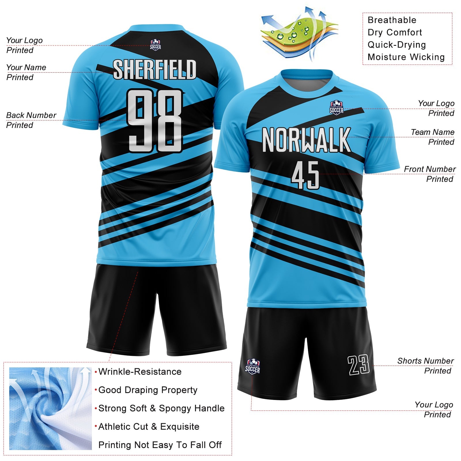 Custom Sky Blue White-Black Line Sublimation Soccer Uniform Jersey - Sky-Custom
