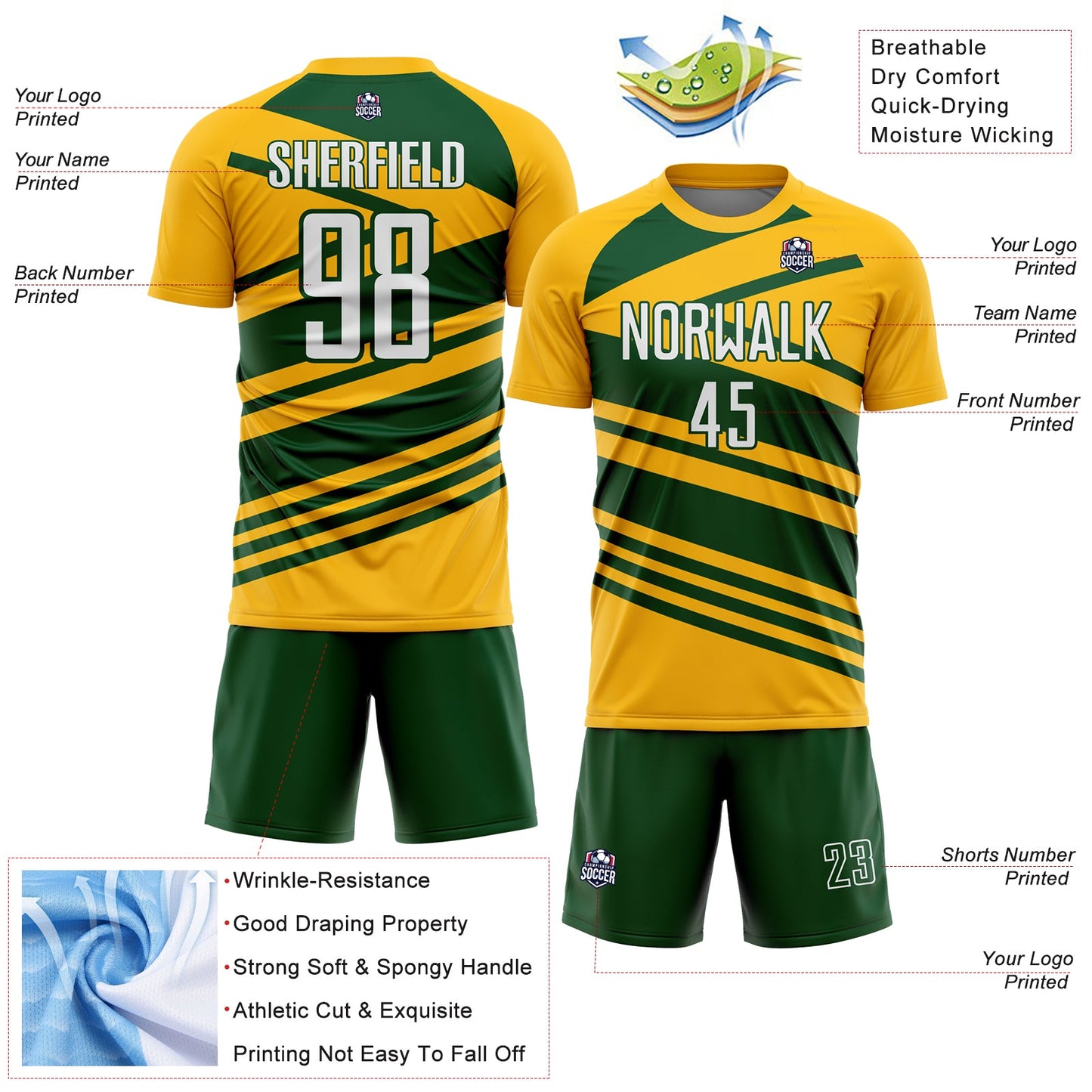 Custom Gold White-Green Line Sublimation Soccer Uniform Jersey - Sky-Custom
